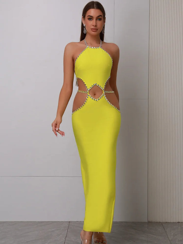 Yellow Backless Maxi Dress for Women - Elegant Evening Party Wear with Beading Details