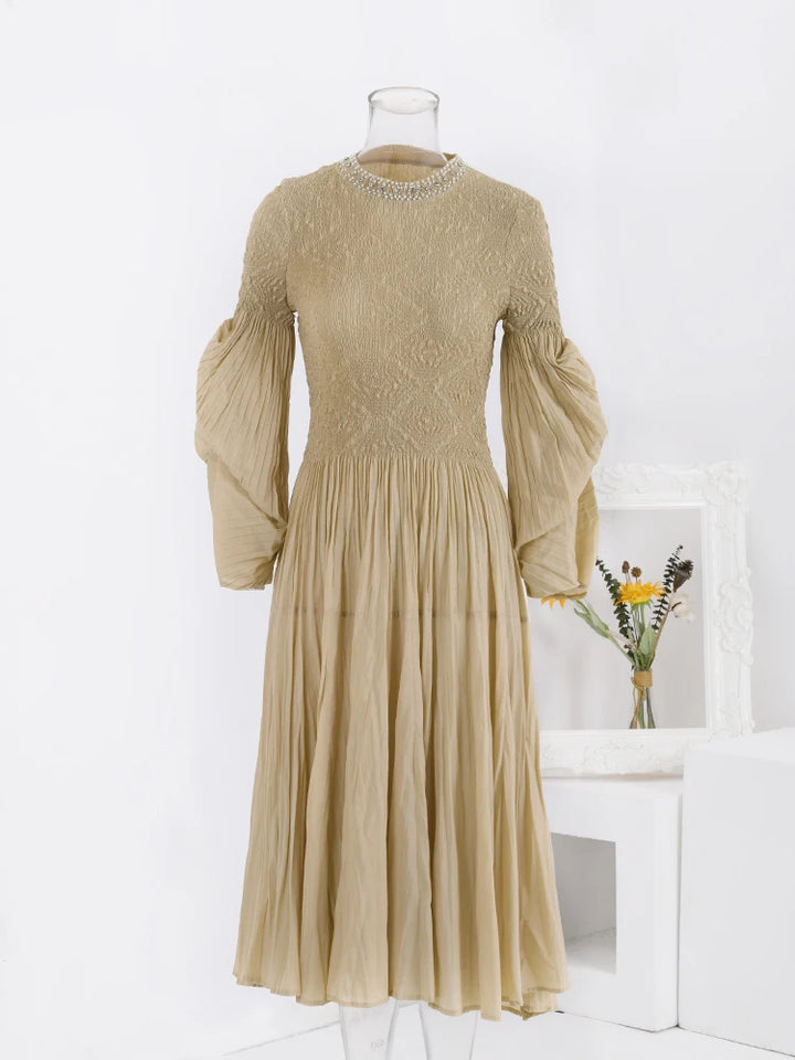 LANMREM 2024 Fashion Party Pleated Dress Women Pearls Spliced Design Collar Long Sleeves Dresses Elegant Spring New 32C383