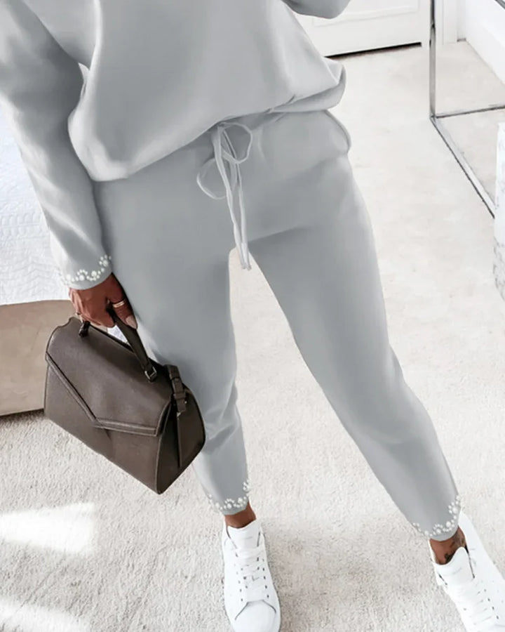 Stylish Autumn 2023 Two-Piece Set for Women - Elegant Pearl Detail, Elastic Waist, Full Sleeve Top with Straight Pants