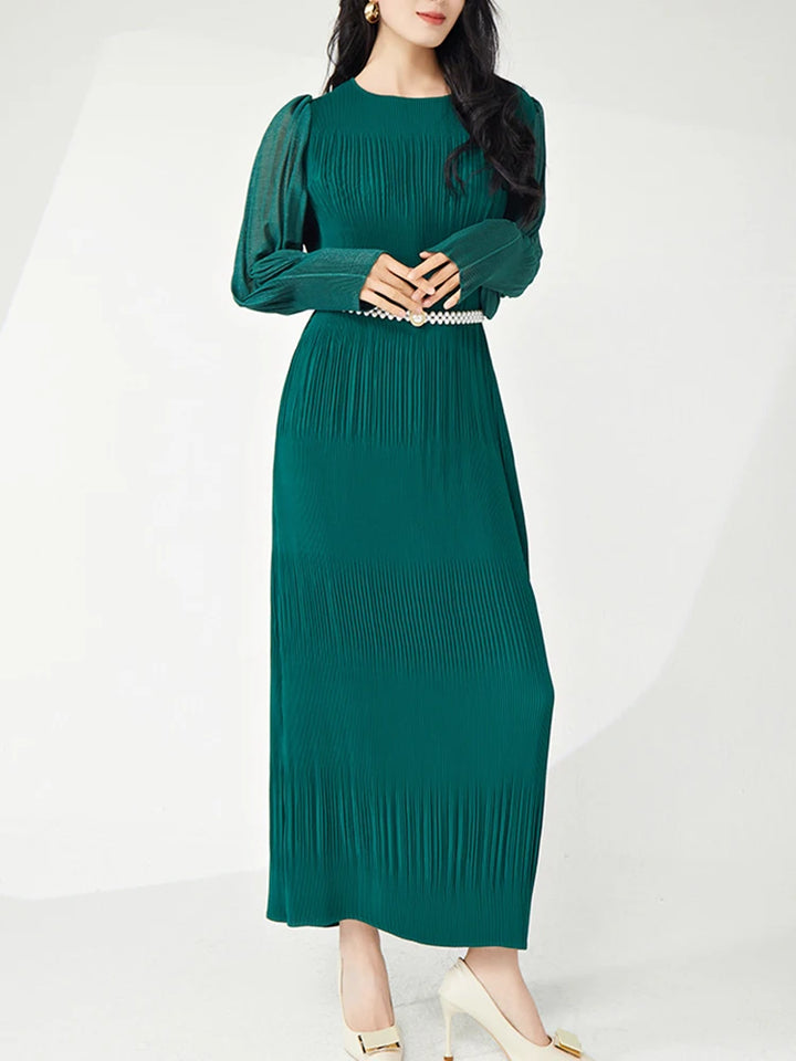 . "LANMREM Elegant Party Dress - Round Neck, Lantern Sleeves, 2024 Spring Fashion