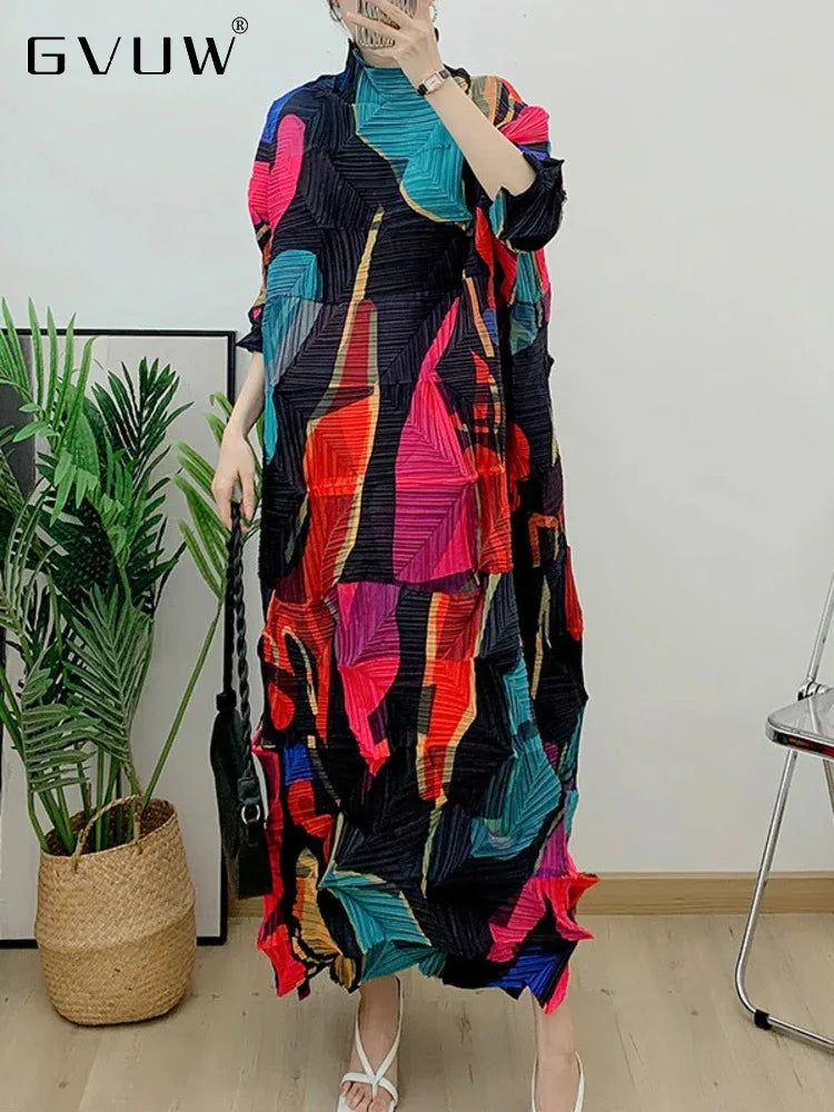 Autumn Printed Dress - Loose Fit, Mock Neck, Color Block | 2023 Collection