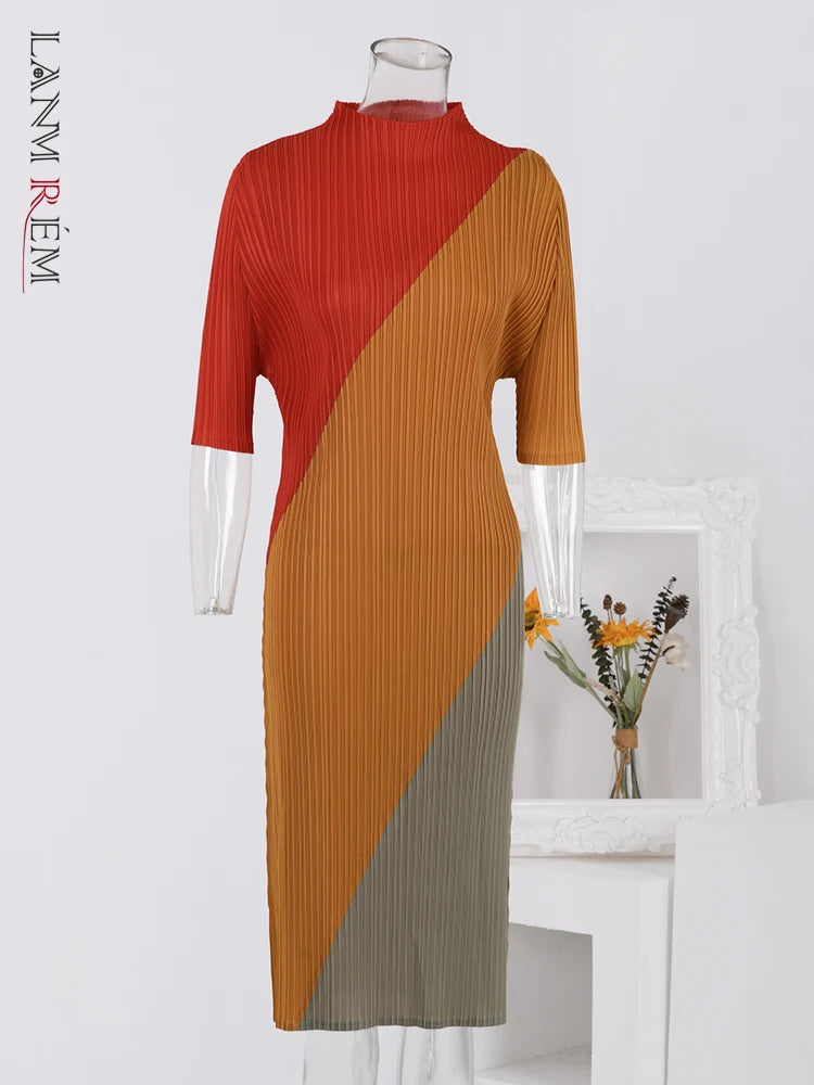 LANMREM Color Block Pleated Dress - Fashionable 2024 Spring Clothing for Women - Stand Collar, Slim Fit, Half Sleeves - Sizes 90-130cm - 32C110