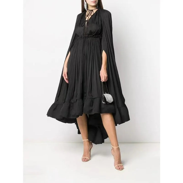 Women's V Neck Irregular Solid Dress with Cloak Sleeves, High Waist, and Lace Up Detail - Summer Fashion