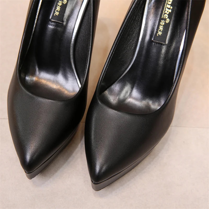 Stylish Slip-On Platform Pumps - 12cm Thin Heels, PU Leather, Korean Style, Black