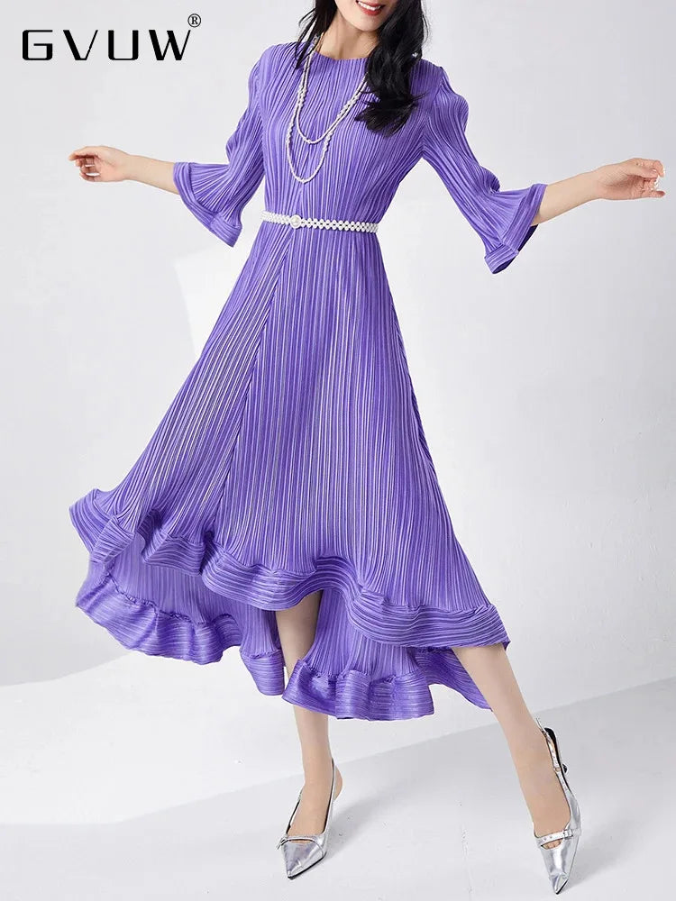 Stylish Pleated Dress with Flare Sleeves and Ruffles - Perfect for Elegant Evening Parties