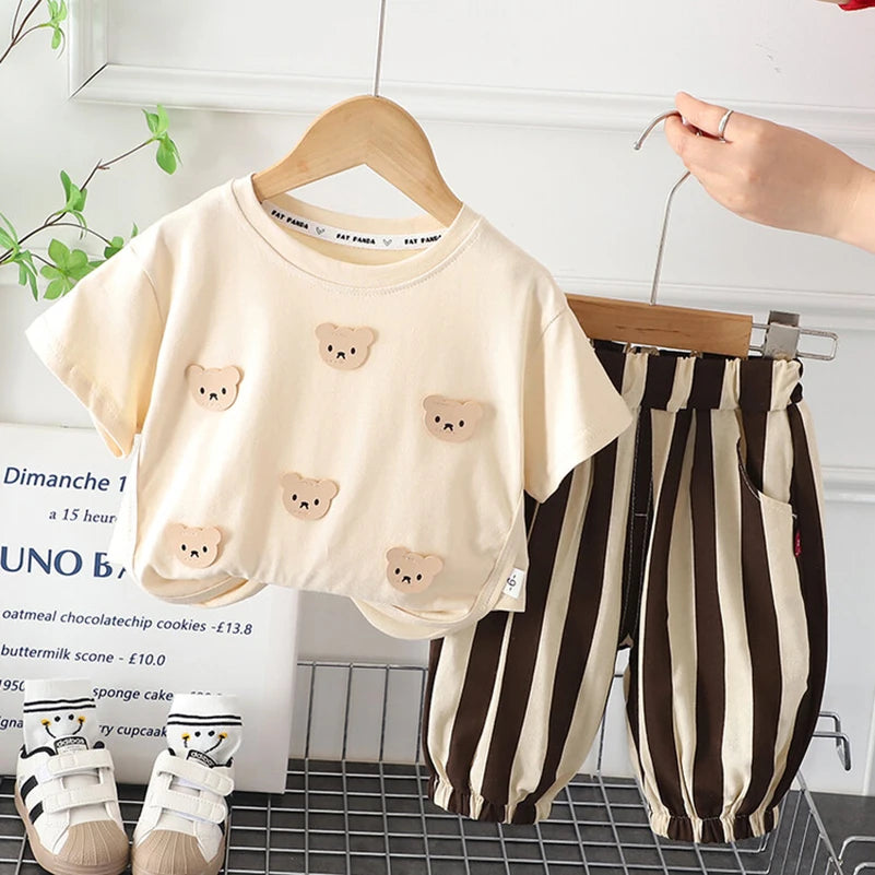 2024 Summer Kids' Outfit: Adorable Bear Print Shirt and Striped Trousers Combo!