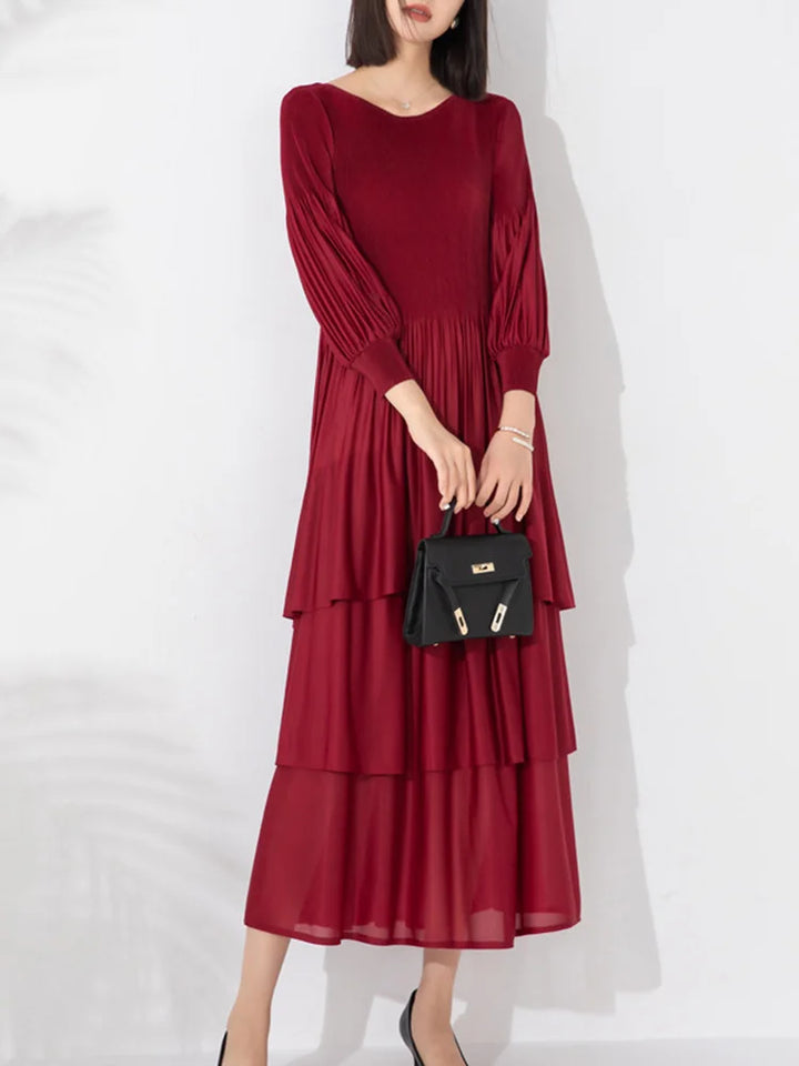 LANMREM Elegant Pleated Dress - Round Neck, Solid Color, Long Sleeves, Party Clothing - 2DA1874