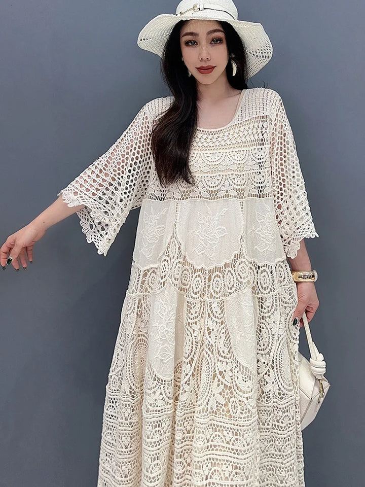 2024 Spring Summer Lace Dress: Elegant Lady Fashion with Mid Sleeves, Large Hem, and Hollow Out Design