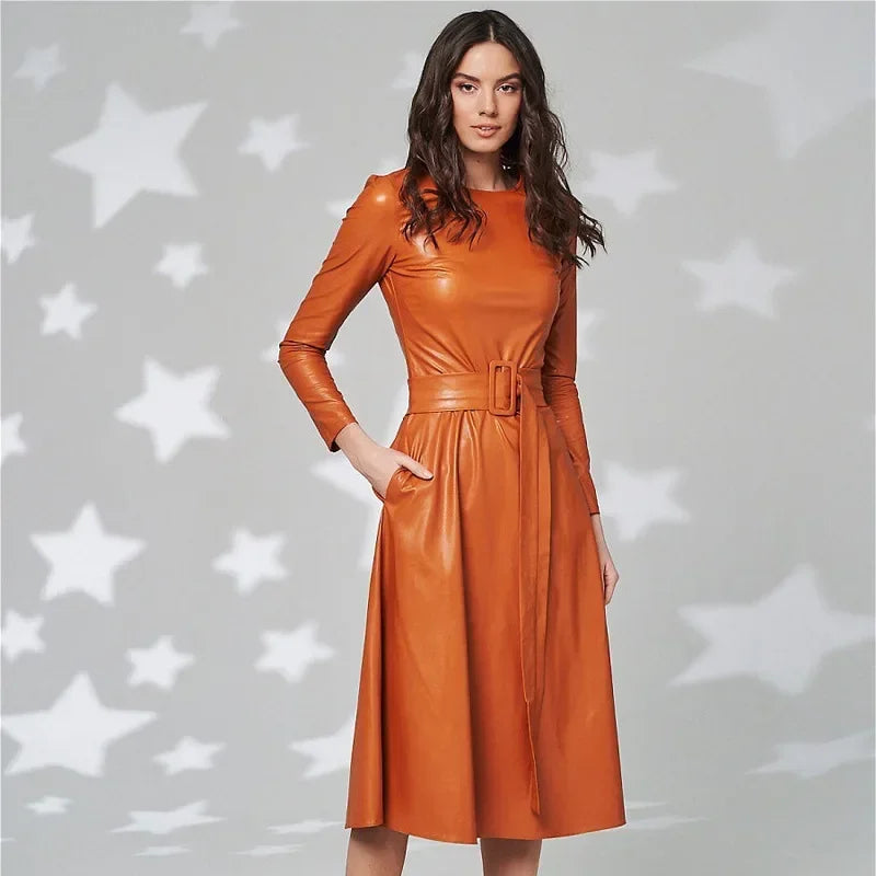 Sexy Faux Leather Dress with Belt - Autumn/Winter Fashion for Women