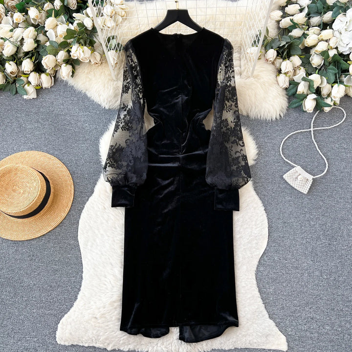 Vintage Velvet Bodycon Dress - Korean Fashion
