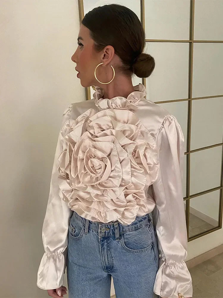 2024 Spring Women's Elegant Chiffon Pullover: 3D Flower Wave Collar Blouse