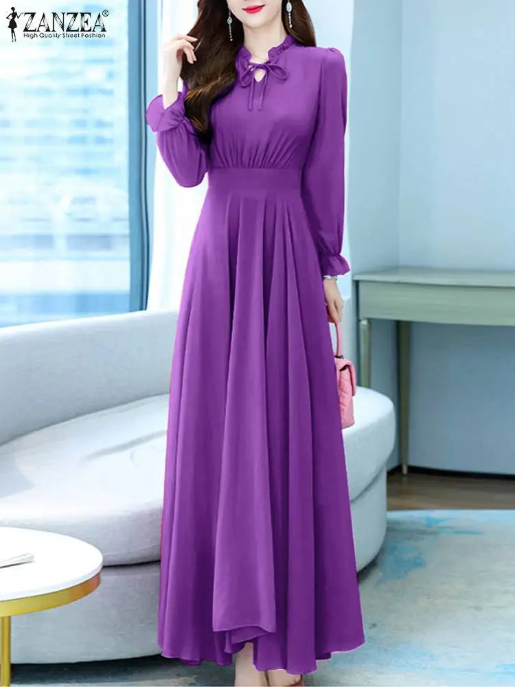 ZANZEA Women's A-Line Long Dress with Ruffles and Hollow Out Neck - Autumn 2024 Collection