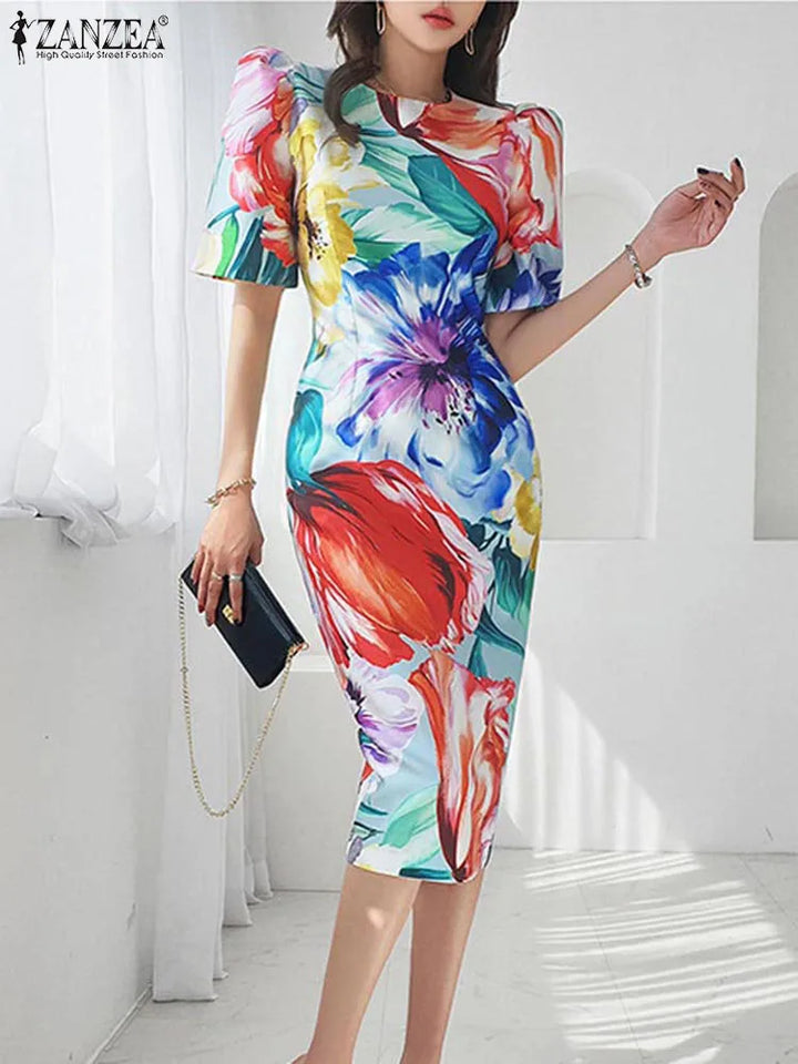 ZANZEA Bohemian Floral Print Dress - Summer Party Midi Robe with Short Puff Sleeves and Back Zipper