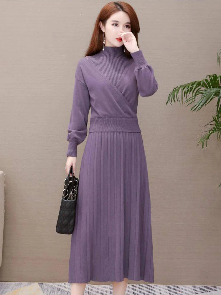 Elegant Office Lady Knitwear Dress Set