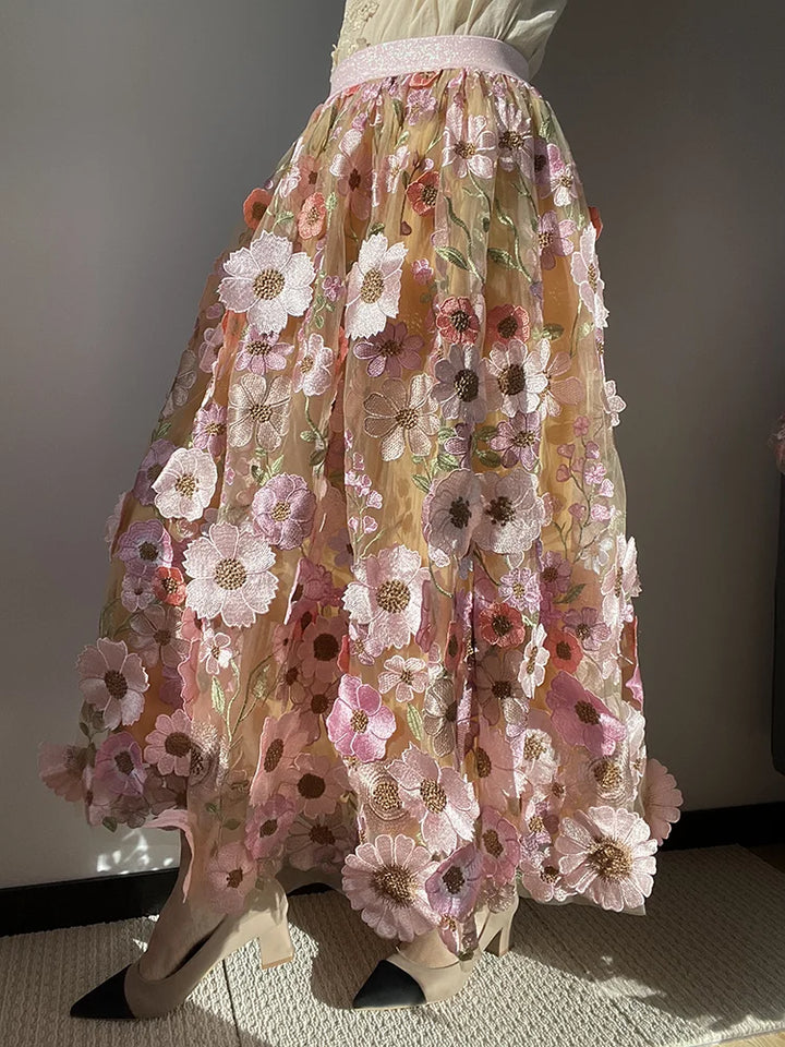 Title: 'Elegant High Waist Floral Tulle Skirt with 3D Embroidered Flowers - JIAMI Luxury Fairy Skirt