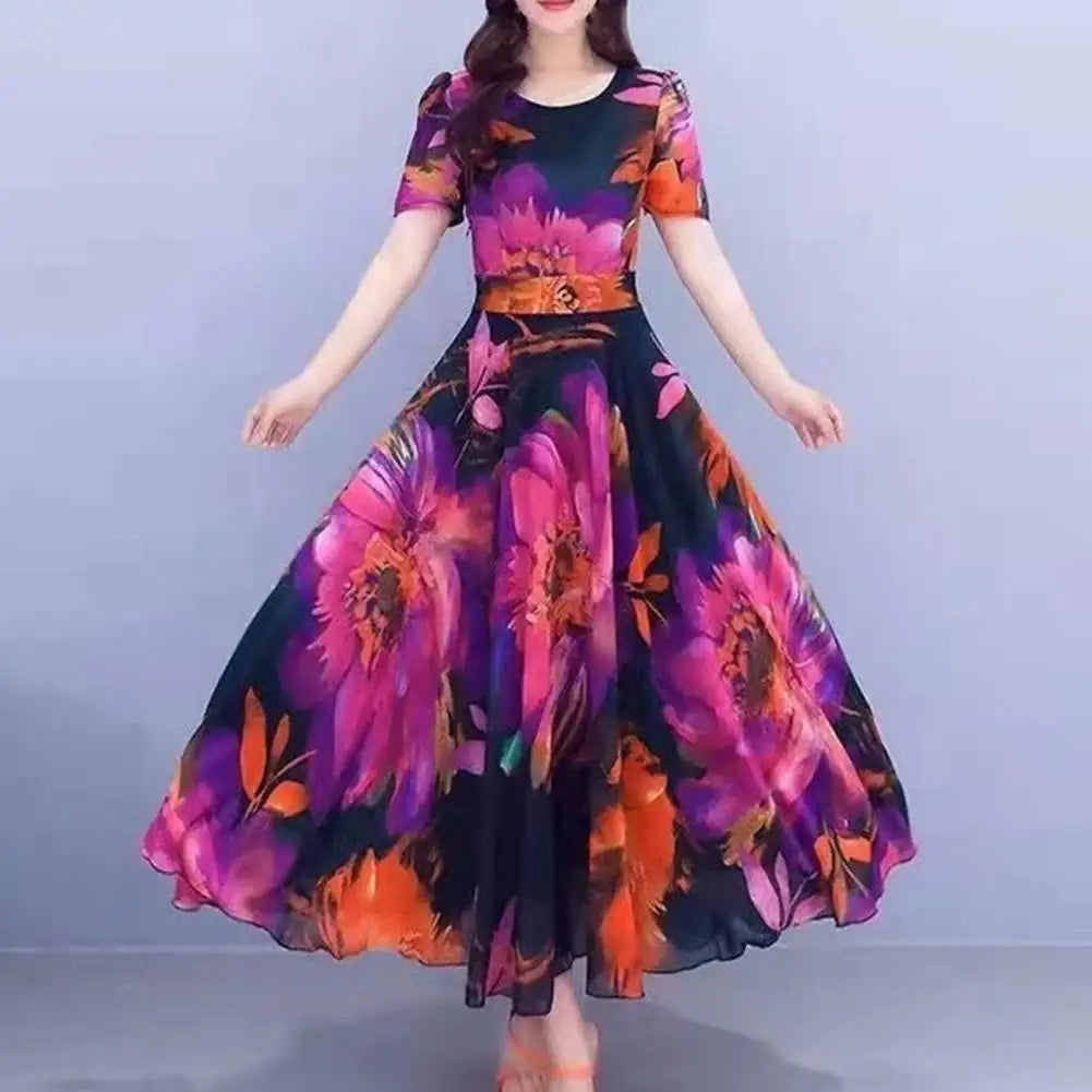 Women Loose Long Dress Summer Casual Half Sleeve Floral Print Dress A-line Big Swing Bohemian Beach Holiday Midi Dress Vestidos