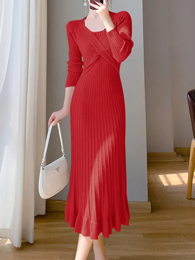 Elegant High Waisted Red Dress for Women - Autumn/Winter 2023 Collection