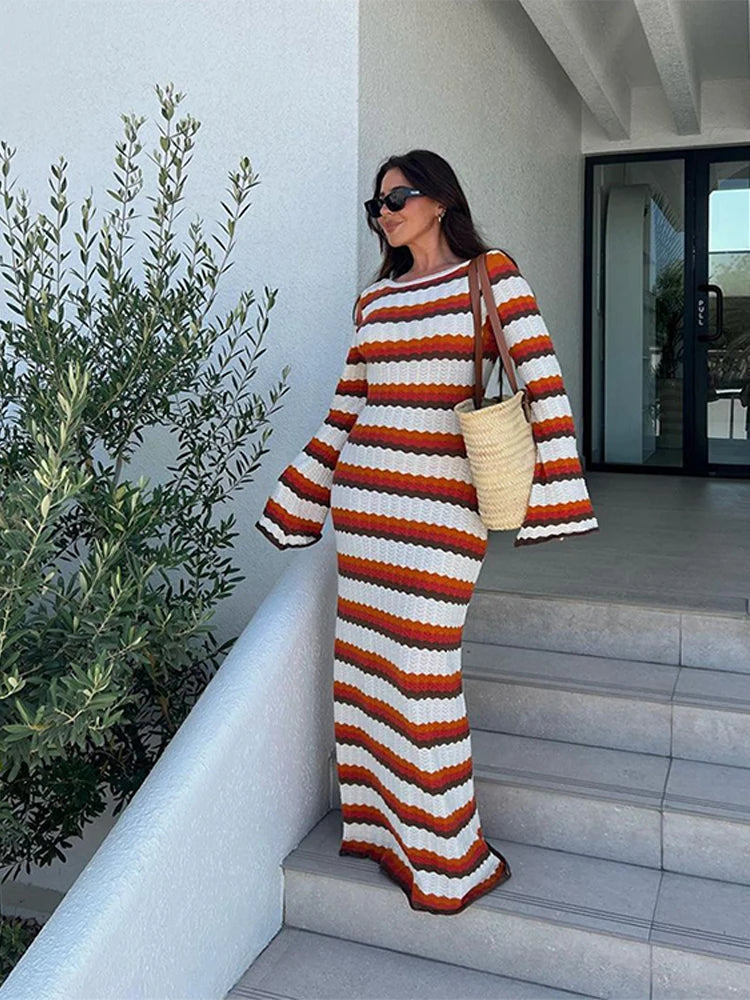 Elegant Striped Maxi Dress with Horn Sleeves for Women - Perfect for Beach, Holiday, and Evening Parties