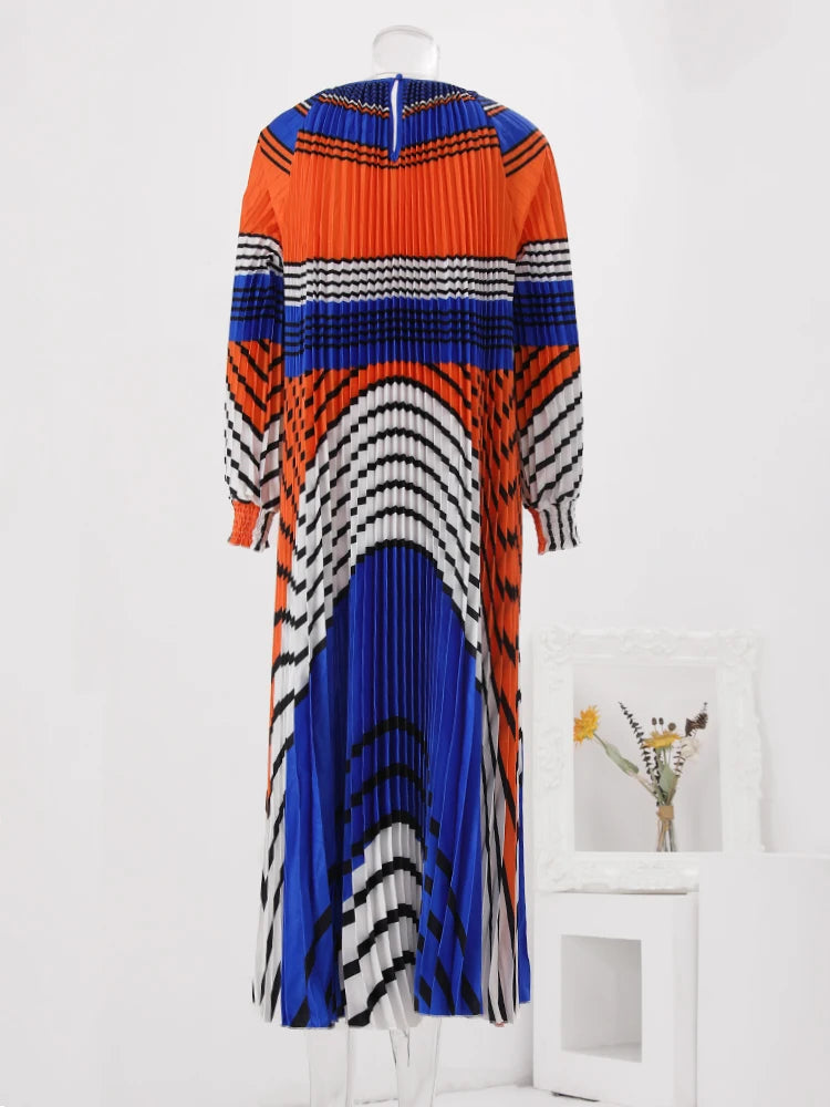 LANMREM Striped Print Pleated Dress