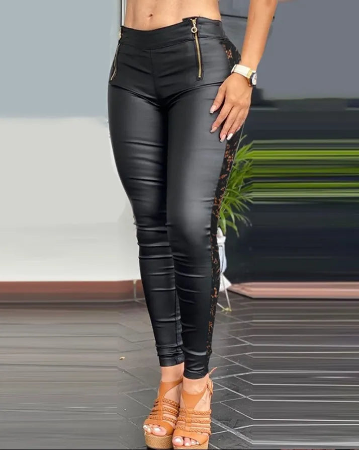 Elegant High-Waisted Skinny PU Leather Pants with Lace Patch and Zipper Design