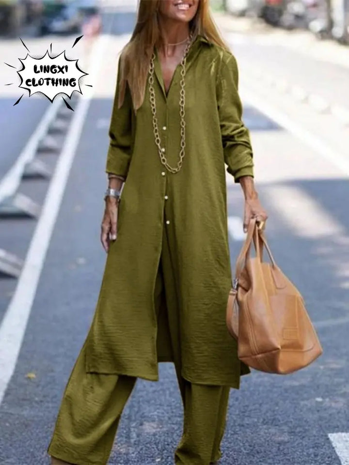 Upgrade Your Autumn Style with Our Long Sleeve Shirt and Wide Leg Pants Set - Sizes Up to Large!