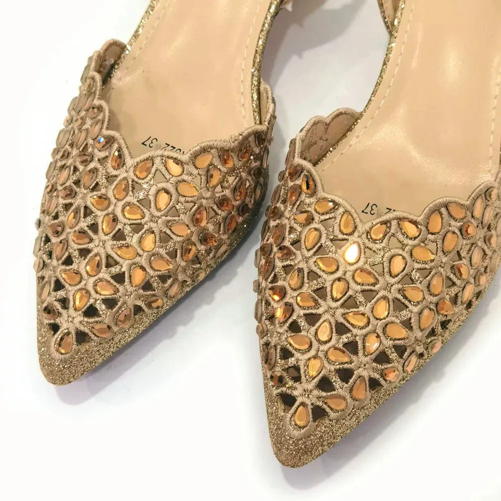 Women's Venus Chan Low Heel Shoes Set - Gold Italian Design with Embroidery & Rhinestones