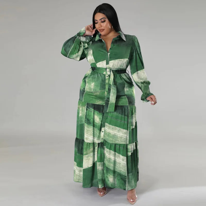 Plus Size Patchwork Print Dress For Women Chubby Blouse Belt Cloth Lady Luxury Long Robes 2023 Summer Trendy Party New In Dress