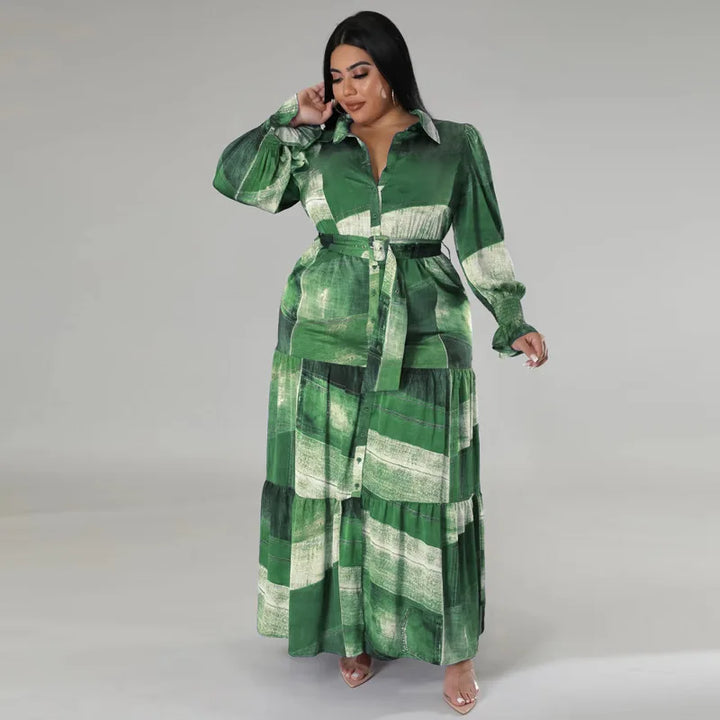 Plus Size Patchwork Print Dress For Women Chubby Blouse Belt Cloth Lady Luxury Long Robes 2023 Summer Trendy Party New In Dress
