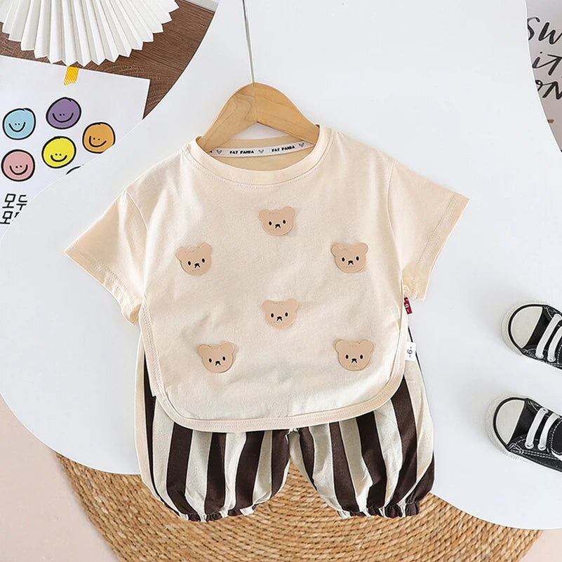 2024 Summer Kids' Outfit: Adorable Bear Print Shirt and Striped Trousers Combo!