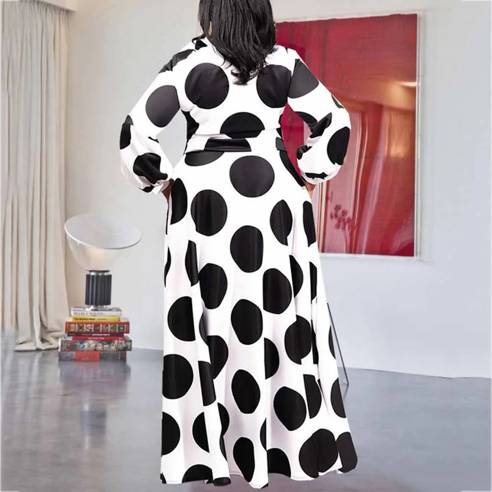 African Women's Plus Size Maxi Dress - Elegant & Casual Long Sleeve Bandage Dot Outfit