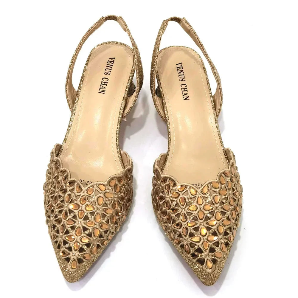 Women's Venus Chan Low Heel Shoes Set - Gold Italian Design with Embroidery & Rhinestones