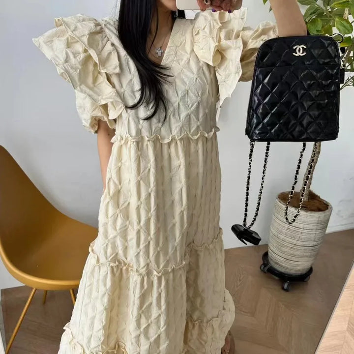 Korean Summer White V Neck Ruffles Midi Dress