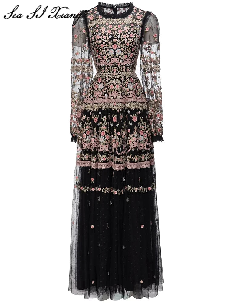 Vintage Autumn Maxi Dress | Mesh & Floral Embroidery | High Waist & Lantern Sleeves