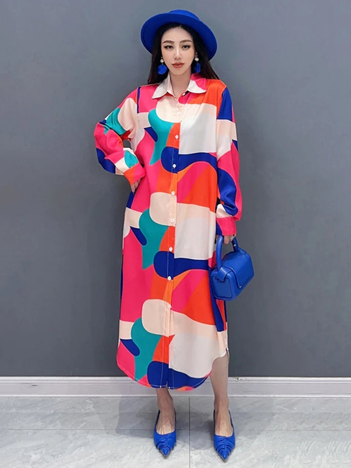 SHENGPALAE 2024 Spring Shirt Dress | Contrast Print | Loose Fit | Mid Calf | Casual Robe | Vestido