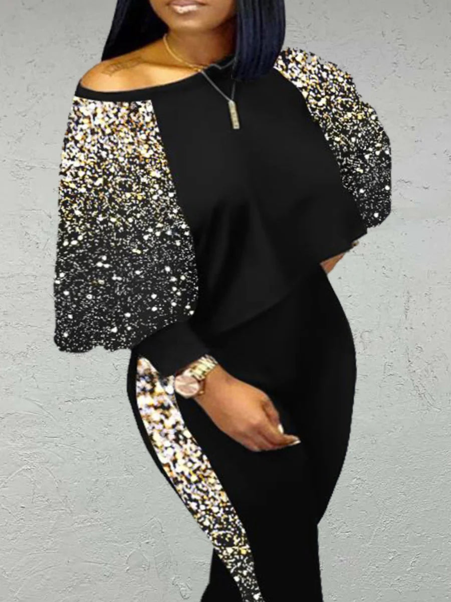 LW Plus Size Fall 2pcs Set - Lantern Sleeve Sequined Top & Skinny Pants Streetwear Suit