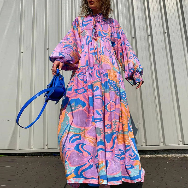 Boho Floral Print Maxi Dress - Vintage Style, Loose Fit, A-Line - Autumn Fashion
