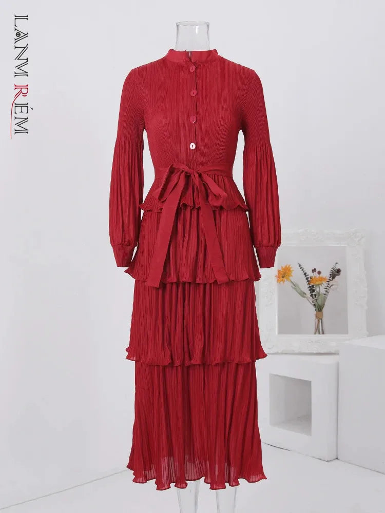 LANMREM Pleated Dress with Stand Collar