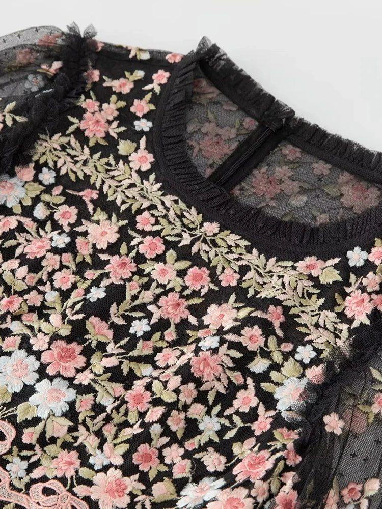 Vintage Autumn Maxi Dress | Mesh & Floral Embroidery | High Waist & Lantern Sleeves