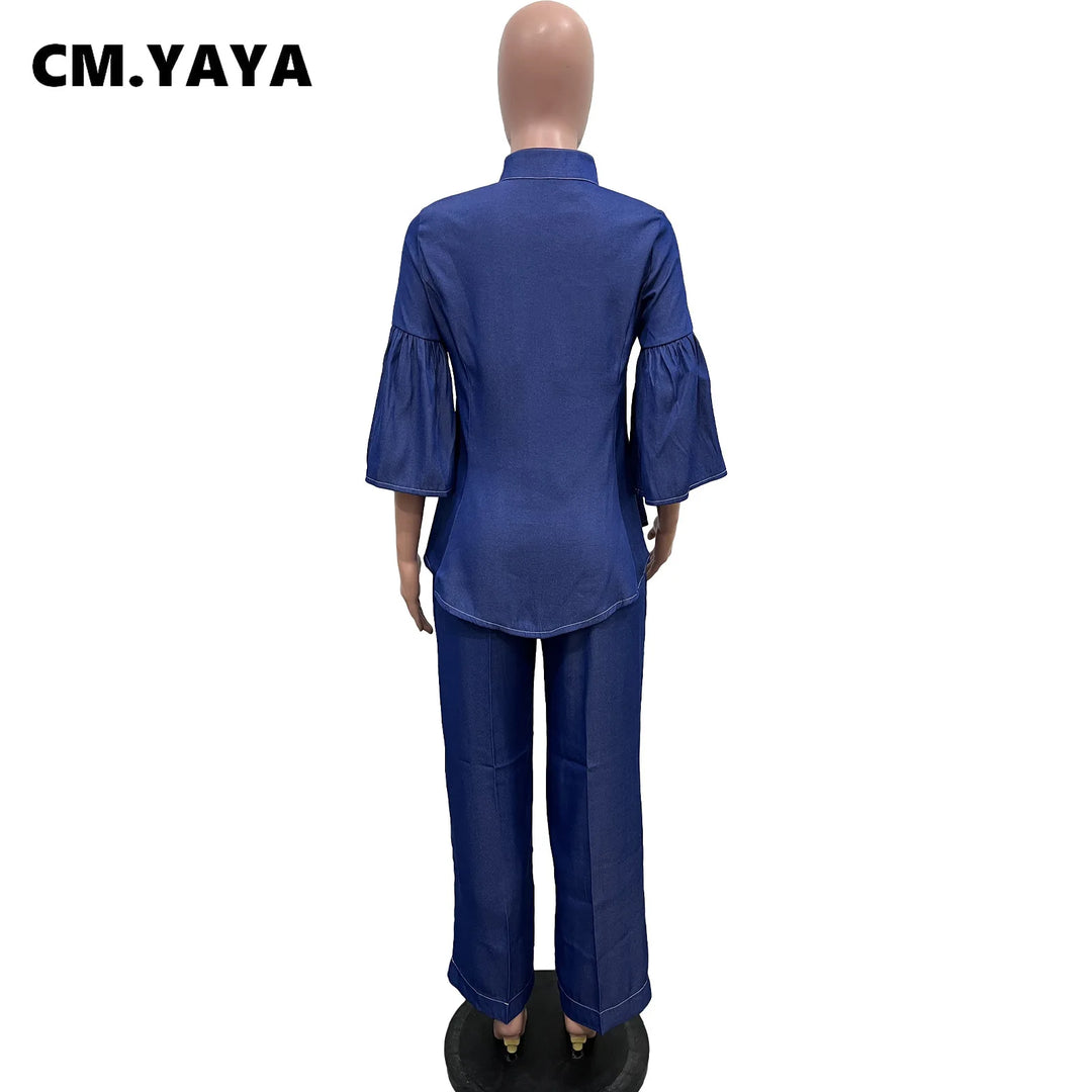 2024 Women's Fake Jean Set: Flare Shirt & Wide Leg Pants - CM.YAYA