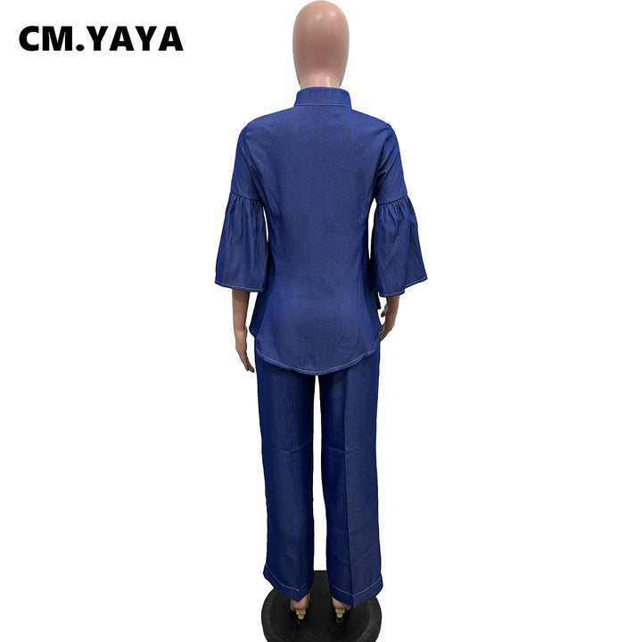 Upgrade Your Wardrobe with CM.YAYA's 2-Piece Jean Set - Flare Shirt & Wide Leg Pants - 2024 Collection!