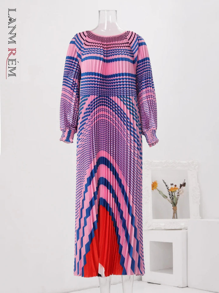 LANMREM Striped Print Pleated Dress