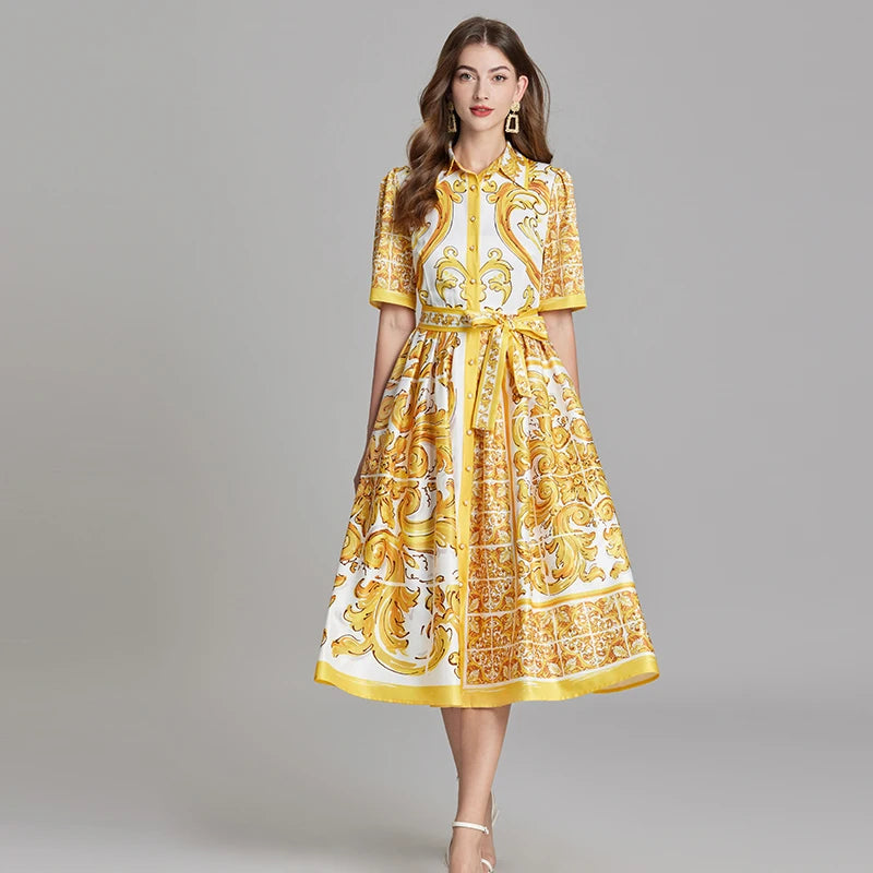 Golden Floral Midi Dress Shirt - Office Lady Must-Have