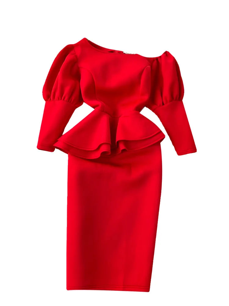 Red Party Dress with Puff Sleeve - Korean Fashion 2024