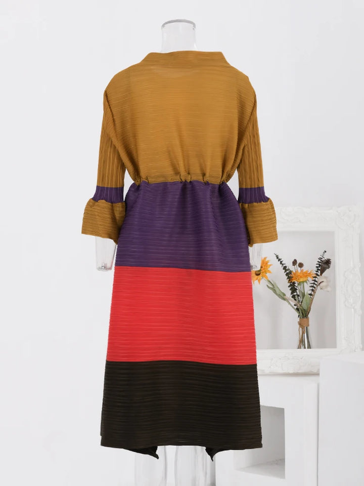 Stylish Color Block Pleated Dress for Women | Spring 2024 Fashion | Drawstring Waist | 32C511