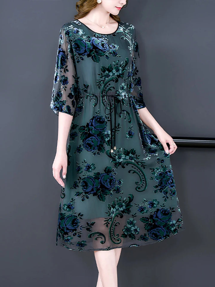 Elegant Floral Silk Midi Dress - High Quality, Korean Vintage Style