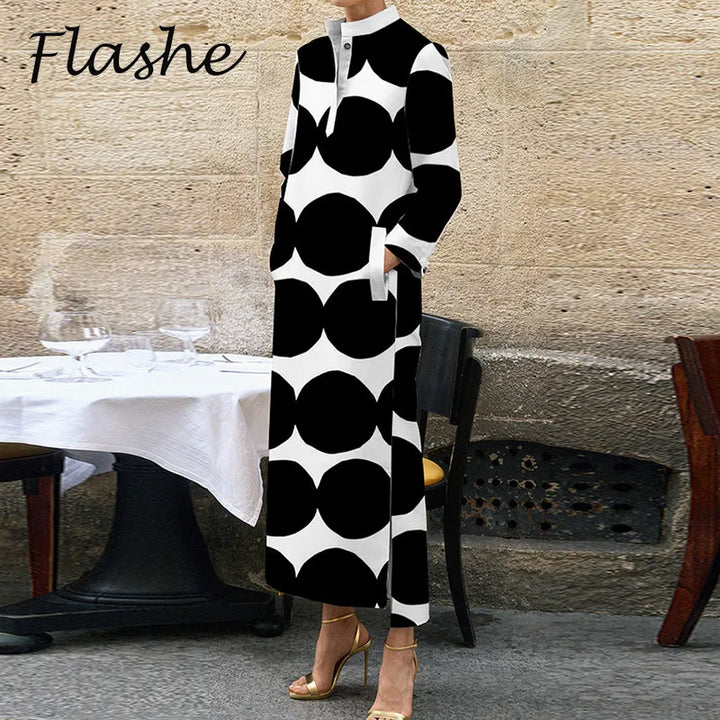 Autumn Party Maxi Dress - V Neck, Long Sleeve, Dot Print
