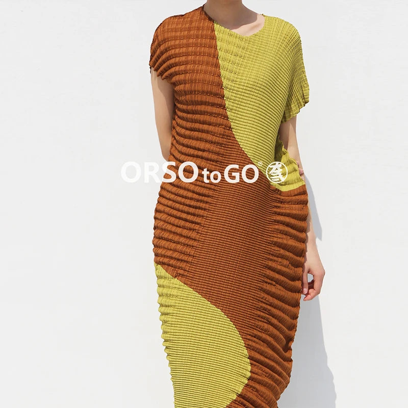 Designer Maxi Dress: Miyake Pleated Summer Loose Women's Skirt