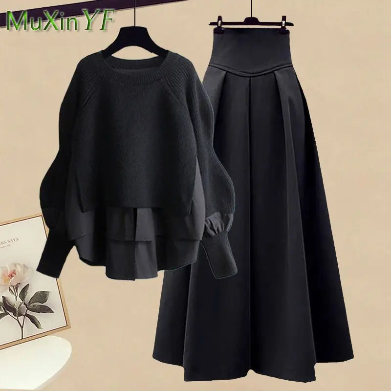 2023 Autumn/Winter New Korean Elegant Splice Fake Two Piece Knitted Sweater Dress Matching Set Women's Chic Pullover Skirt Set