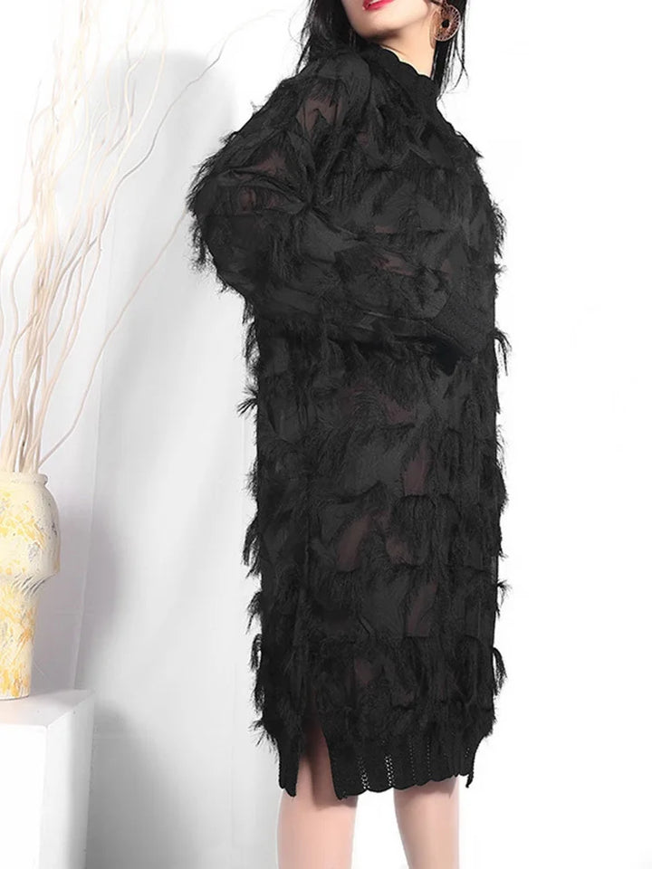 Black Split Joint Dress: Spring/Autumn Fashion, Plus Size, Stand Collar, Perspective, Long Sleeve