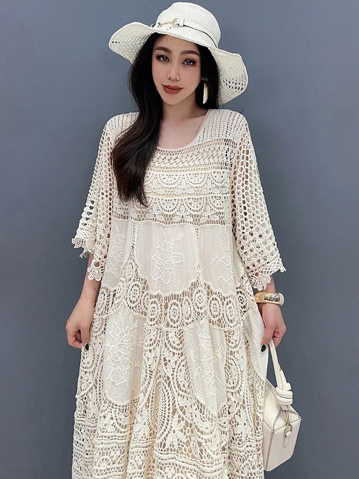 2024 Spring Summer Lace Dress: Elegant Lady Fashion with Mid Sleeves, Large Hem, and Hollow Out Design